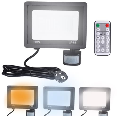 Etrogo Foco Proyector LED con Sensor de Movimiento con Mando a Distancia 50W 5000Lm 3000K 4500K 6000K Regulable Impermeable IP66,Con Spina con Cable 2M