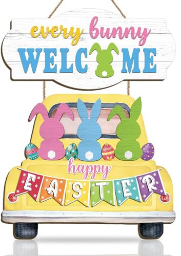 HPNIUB Panneau décoratif en bois « Every Bunny Welcome Happy Easter »