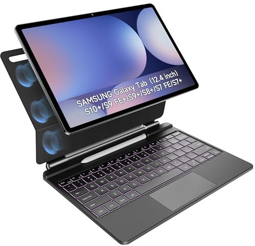 HOU Keyboard for Samsung Galaxy Tab S10+ Plus/S9+ Plus/S9 FE+ Plus/S8+ Plus/S7+ Plus/S7 FE 12.4 with Magnetic Case,Floating Cantilever,Multi-Function Trackpad,7 Colors Backlit,S Pen Holder,Black