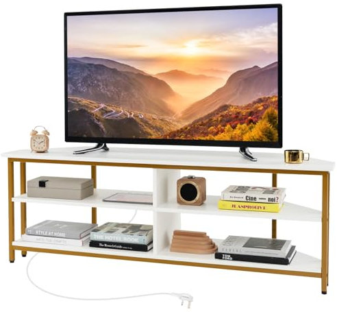 Corner TV Stand with Charging Station for 60 TVs Media Entertainment Center with Storage Shelves Console Table for Living Room Bedroom White/Gold 140cm