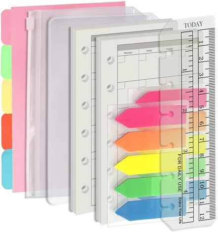 Harphia A7 6-Loch-Heftfüllsatz Wertpaket, 90 Blatt Papier mit Aufklebern und Trennern, Planer-Einsätze mit Heft-Taschen für A7 nachfüllbares Notizbuch -Monat