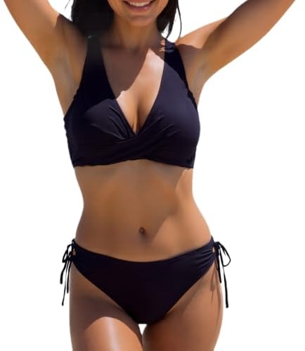 wadizo Damen Bikini Set Sexy Twist Front Lace Up Bikini Wickel Bademode Blumenmuster Push Up Zweiteiliger Badeanzug Strandbikini Swimsuit (Schwarz, M)