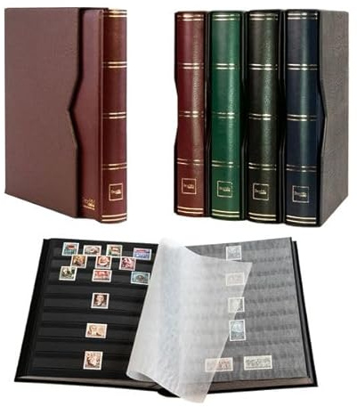 Prophila Collection Album de timbres 64 pages noires matelassées avec cassette et couverture marron