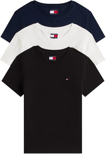 Tommy Jeans Damen 3er Pack T-Shirts Kurzarm mit Rundhalsausschnitt, Mehrfarbig (Black/Ecru/Dark Night Navy), XL