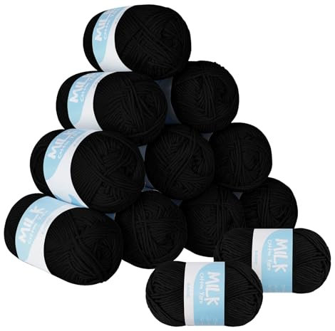 ilauke Baby Häkelgarn 12er 50g/Ball - Super Weiche 100% Acryl Garn für Stricken & Häkeln, Amigurumi, Mützen & Schals | Antipilling, Maschinenwaschbar | Schwarz, 5-fädige Dicke Garn