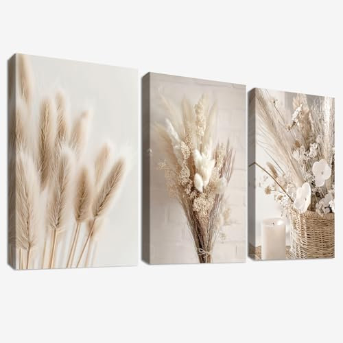 3Pcs Boho Beige Pampasgras Mit Rahmen Leinwand Bilder Nordische Blume Salbei Getrocknete Gras Pflanzen Bild auf Leinwand Malerei Wandbilder Wohnzimmer Schlafzimmer Badezimmer Wanddeko 50x70cm x3pcs