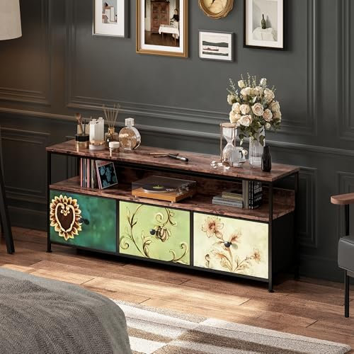 JiaOyu Mueble de TV con iluminación LED y 3 cajones de Tela, Armario bajo Retro para televisores de hasta 55 Pulgadas, Mesa de televisión Multifuncional con Compartimentos Abiertos para Sala de Estar