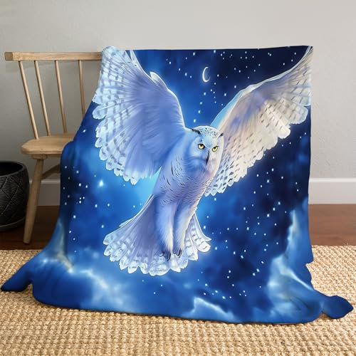 Weiße Eule Kuscheldecke Flauschig Decke, 150 × 200 cm Große Warme Couchdecke, Sterne Mondlicht Kuschlige Wohndecke Weich als Sofaüberwurf Blanket Sofadecke Bett