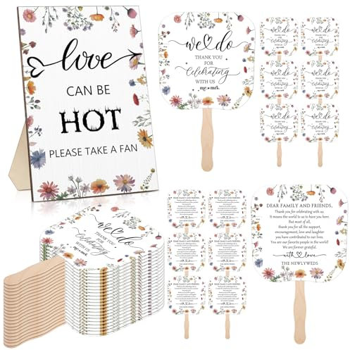 Fumete Weeding Favors for Guests 50 Pcs Wedding Fans and 1 Pc Wedding Table Sign Portable Paper Fan with Wooden Handle Hand Fan for Wedding Bridal Shower Party Favor Appreciation Gift (Wildflower)
