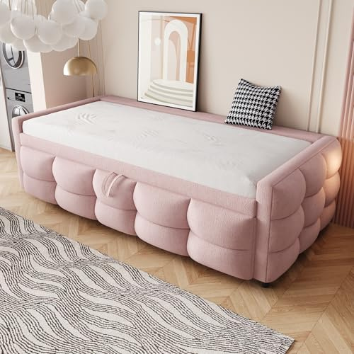 Zepneiy Lit 90/180x190 cm, Canapé lit avec canapé-lit gigogne, Canape lit 2 Places avec sommier à Lattes, Tissu Velourss Rose (sans Matelas)
