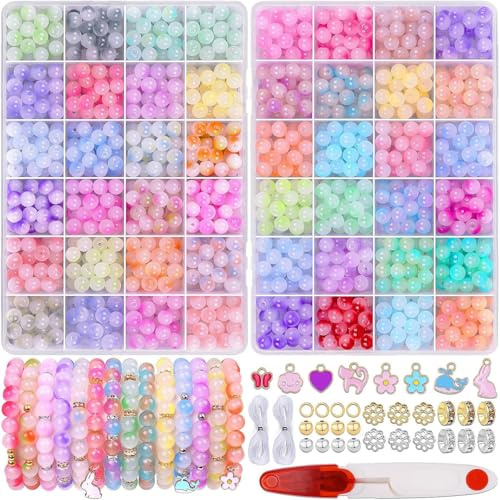 Neuytiky 1200 Stück Glasperlen für Armbänder, 8mm Bunte Glasperlen zum Basteln, 48 Farben bunte Perlen, Runde Edelstein Perlen mit Loch, für Armbänder Erwachsene Kinder, Schmuckherstellung