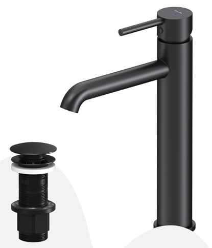 AM.PM – Robinet Salle Bain Spike, Mitigeur Lavabo Monocommande Haut Noir avec Bonde d’Écoulement, Robinet Lave-Main Design avec Revêtement PVD et Cartouche