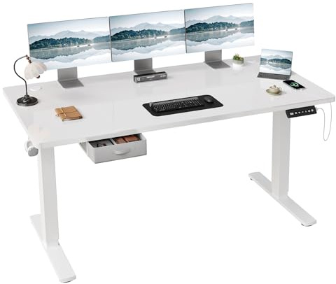 JUMMICO Höhenverstellbarer Elektrischer Stehtisch 180 x 80 cm mit Schublade und Haken – Höhenverstellbarer Sitz-Steh-Tisch mit Stabilem Stahlrahmen, Breiter Stehtisch für das Homeoffice, Weiß