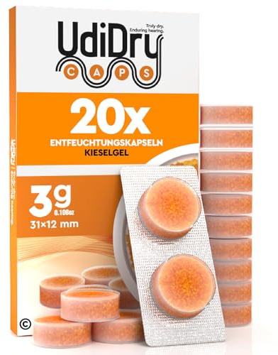 20 Trockentabs für Hörgeräte UdiDry Caps (3g) 31mm Trocknungskapseln mit Farbindikator und Kieselgel - einzeln verpackt Trockentabletten Trockenkapseln für Hörgeräte zur Pflege und Trocknung