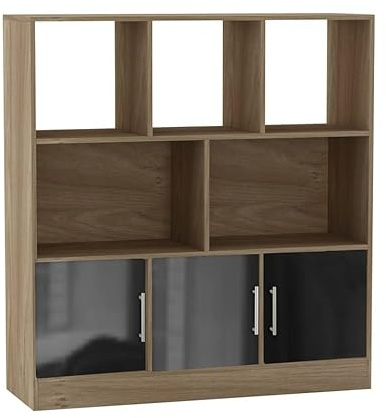 URBNLIVING Oak 8 Cube Asymmetrical Bookcase – Freestanding Storage Cabinet with 3 Doors - Gloss Doors - Black