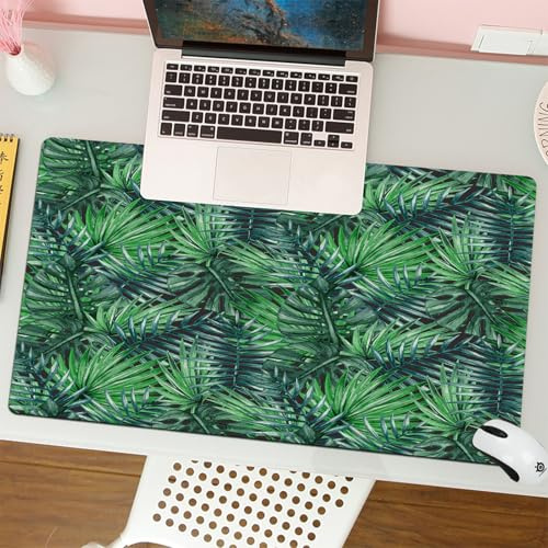 QRFASFZO Tapis de Souris Gaming - 30x80 cm - Tapis de Souris Esports - Ne Glisse jamais - Couverture complète du Bureau - Motif de Feuilles Tropicales, Conception Complexe de Feuilles de Palmier Vert
