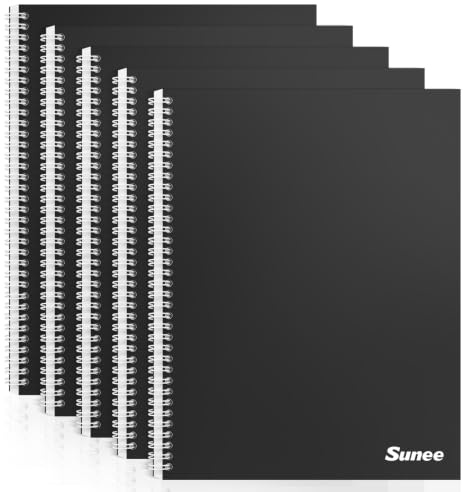 SUNEE A4 Notebook, Pack of 5 Notepads, Wirebound Notebooks, 80gsm Premium Paper, 100 Sheets / 200 Pages, 8mm Lined with Margin, 4-Hole Punched and Perforated Edge, Black