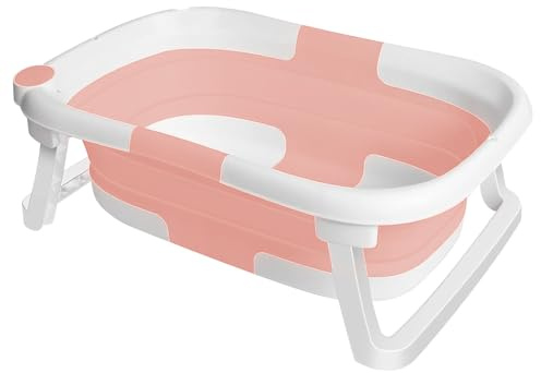 Babybadewanne, faltbar, Baby-Badewanne, Knechtschaft, faltbar, für Neugeborene bis Kleinkinder, verfügt über eine rutschfeste Matte und Ablauflöcher (Rosa)