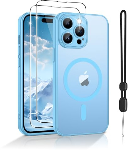 Jshru Magnetic for iPhone 14 Pro Max Case,Compatible with Magsafe,with Lanyard and HD Screen Protectors,[Durable & Sturdy] Slim Translucent Protective Cover,iPhone 14 Pro Max 6.7''-Light Blue