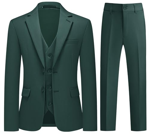 KUDMOL Conjunto de 3 piezas de traje ajustado para niños, traje formal para niños, con chaleco y pantalón, ropa Pageboy para bodas, confirmación, bautizo y ocasiones especiales, verde oscuro, 7 años