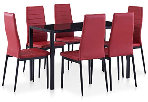 Zentexion Juego de comedor de 7 piezas, color rojo vino, mesa de comedor con cristal templado y marco de hierro, 6 sillas de piel sintética, para cocina y comedor, para familia e invitados