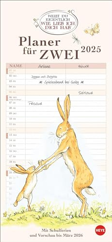 Weißt du eigentlich, wie lieb ich dich hab? Planer für zwei 2025: Liebevoll illustrierter Wand-Kalender mit 2 Spalten. Paarkalender 2025. Wand-Terminkalender. 16 x 35 cm.
