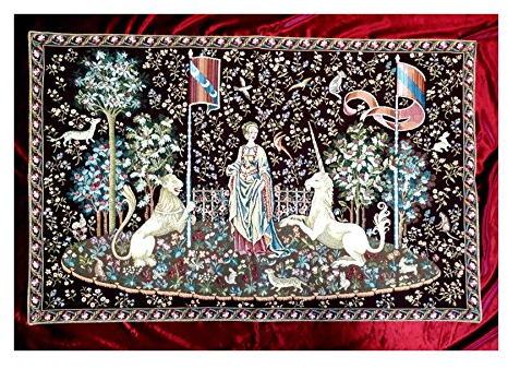Wandteppich aus Italy Gobelin La dama e unicorno Gusto Arazzo in Bordeux Tapisserie Wandbild Wanddeko Retro Replikate 105x70cm