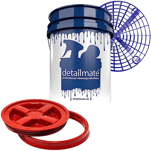 detailmate Profi Set Auto Reinigung: Wasch Eimer 5 GAL (ca. 20 Liter) / Gamma Seal Eimerdeckel rot/Grit Guard Einsatz blau