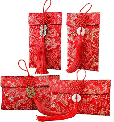 Lot de 4 enveloppes rouges en soie chinoise, motif dragon porte-bonheur chinois pour mariage, Nouvel An, poches pour argent, peut contenir environ 100 feuilles, 4 styles