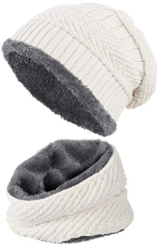 warm gefütterte Beanie + Schal mit Teddy-Fleece Fütterung mit Flechtmuster Wintermütze Einheitsgröße für Damen & Herren Mütze (4A) (Weiß/Grau)