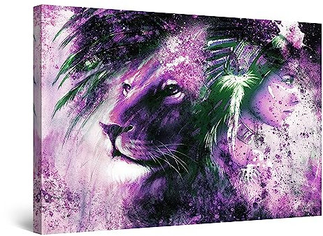 Startonight Impression Sur Toile Peinture Lion Pourpre et Femme Mélangés, Tableau Abstrait Encadrée - Decoration Murale Salon Moderne - Image sur Toile - Grande 80 x 120 cm Idée Cadeau Élégante
