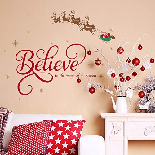 ufengke Wandtattoo Sprüche Believe Wandsticker Weihnachtsmann Rentier Schneefalken Wandtattoo Fenster für Vitrine Haus Deko Merry Christmas Weihnachtsdeko