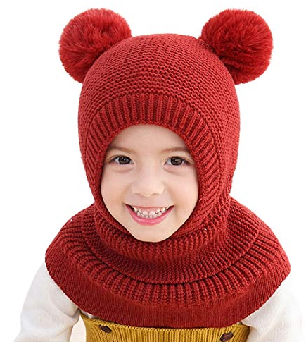 YONKOUNY Kinder Mädchen Wintermütze Warm Niedlich Schlupfmütze mit Bommel Beanie Strickmütze Schalmütze Fleece Mütze (Weinrot)