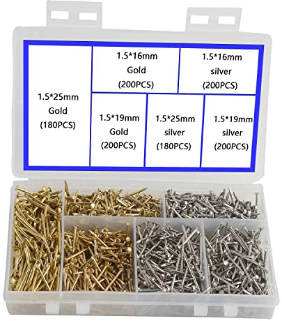 newlng Kleine Nägel kleine Holznägel kompakte antike DIY dekorative Box Zubehör Mini Nägel Gold Silber 1,5x16mm, 1,5x19mm, 1,5x25mm in einer Box 1160PCS verpackt