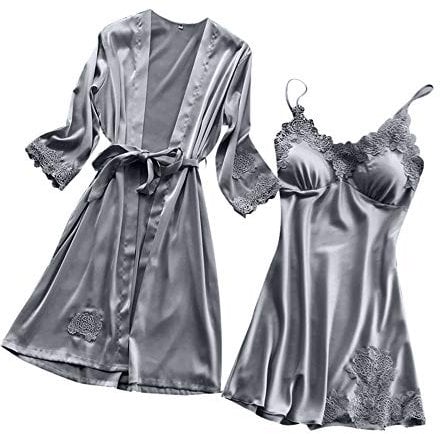 Lazzboy Damen 2pcs Dessous Die Seide Spitze Robe Kleid Puppe Nachthemd Nachtwäsche Kimono Einstellen Sexy Sling Babydoll Frauen Set(Grau,3XL)