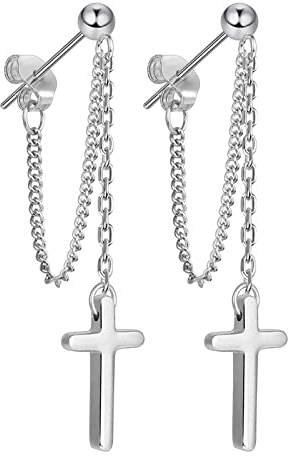 GNOCE Silber 925 Kreuz Dangle Drop Ohrringe mit Kette Damen Herren Hängend Ohrringe Stecker Modeschmuck Geschenk für Mädchen Jugend