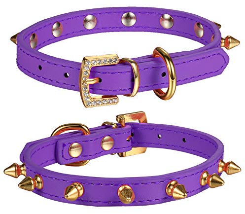 LOVPE Hundehalsband / Katzenhalsband, Leder, goldfarbene Nieten, mit goldener Strass-Schnalle für kleine Hunde / Katzen, Größe S (Halsumfang 28-33 cm), Violett