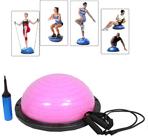 Baumarktplus Balancetrainer Yoga Gymnastik Balance Half Ball Trainingsball Halbkugel mit Expander und Pumpe für Fitness, Stabilität, Core Trainig Pink