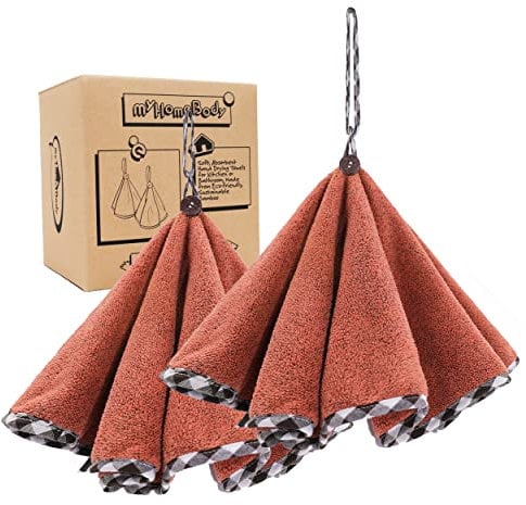 myHomeBody Handtücher für Badezimmer, Küchenhandtücher mit Aufhängeschlaufe, Weiche, saugfähige Kohlefaser-Rundhandtücher mit Kokosnussschalenknopf zum Aufhängen, Set of 2 Brick Red Towels
