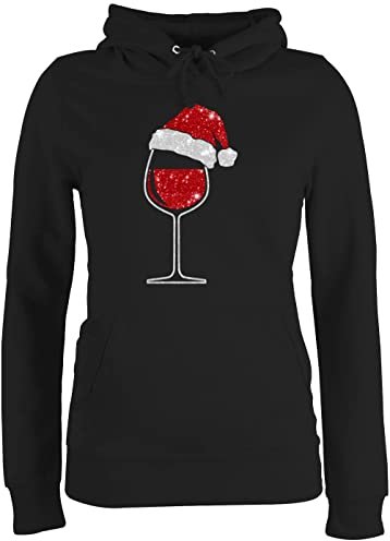 Pullover Damen Hoodie Frauen - Weinglas mit Weihnachtsmütze I Weihnachtsmotiv Wein I Geschenk Weinliebhaber Weihnachten - XS - Schwarz - Weihnachtspullover weihnachtspullis Christmas Xmas Hoody