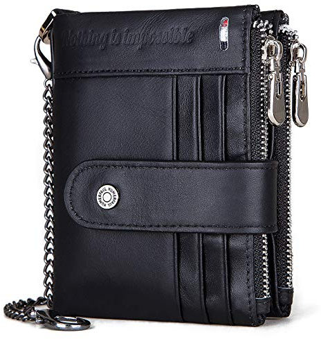 HUMERPAUL Mens Wallet with Chain Men's Genuine Leather Wallet RFID Blocking Bifold Wallet with Credit Card Holder and Zipper Coin Pocket Purse, Black