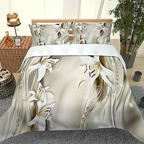 MUCXBE Enfant Housse De Couette 140x200cm Ensemble De Literie 1 Personne Fleurs De Lys Microfibre Super Douce Parure De Lit avec Fermeture À Glissière cachée avec 2 Taies d'oreiller