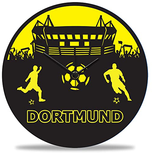 GRAVURZEILE Wanduhr aus Holz Vereinsliebe Dortmund - 100% Lautlos kein Ticken absolut geräuschlos - 30 cm Ø - Design Wanduhren für Wohnzimmer Schlafzimmer & Küche Farbe Dortmund V1