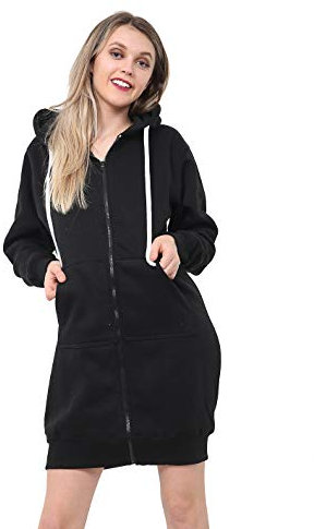WOMEN LADIES GIRLS LONG HOODIE ZIPPER FLEECE WARM JACKET STYLISH WITH POCKET SWEATSHIRT CASUAL JUMPER TOP DRESSES S-3XL (M-L 12-14, LONG HOODIE BLACK)