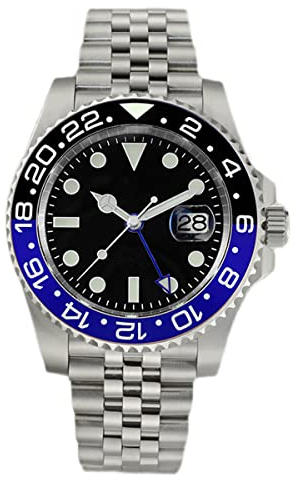 San Martin SN015G Herrenuhr GMT aus Edelstahl, 20 Bar, leuchtende Kakao-Keramik-Lünette, automatische mechanische Armbanduhr, schwarz / blau, ohne Logo, Schwarz, Blau, ohne Logo, Individuell
