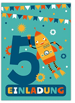 12 Einladungskarten zum 5. Kindergeburtstag fünfte Geburtstag Jungen Roboter