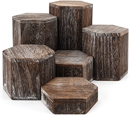 BELLE VOUS 6er Pack Brauner Sechseck Dekosäule Holz Podest Holz Displays - Vintage Deko Holzklotz für Regale & Arbeitsplatten - Sockel für Skulpturen, Schmuck, Figuren, Cupcakes & Desserts