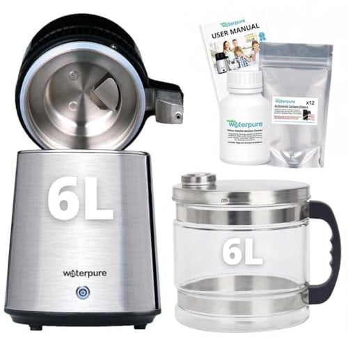 Water Pure 6 Litre Water Distiller, 6 Litre Glass Jug, 3 Years Filters Free, 200g Residue Cleaner Free. Largest and Fastest Water Distiller Machine