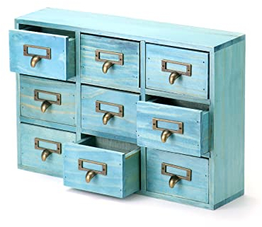 QWORK Schreibtisch-Schubladen-Organizer, Holz, Vintage-Apothekerschrank mit 9 Schubladen, Heimbüro, Tee- und Kommode, Schlafzimmer-Organisation und Aufbewahrung, traditioneller Apothekerschrank, Blau