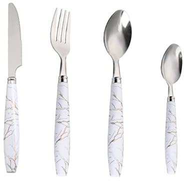 Lot de 24 couverts de cuisine en acier inoxydable avec poignée motif marbre, couteau, fourchette et cuillère (blanc)
